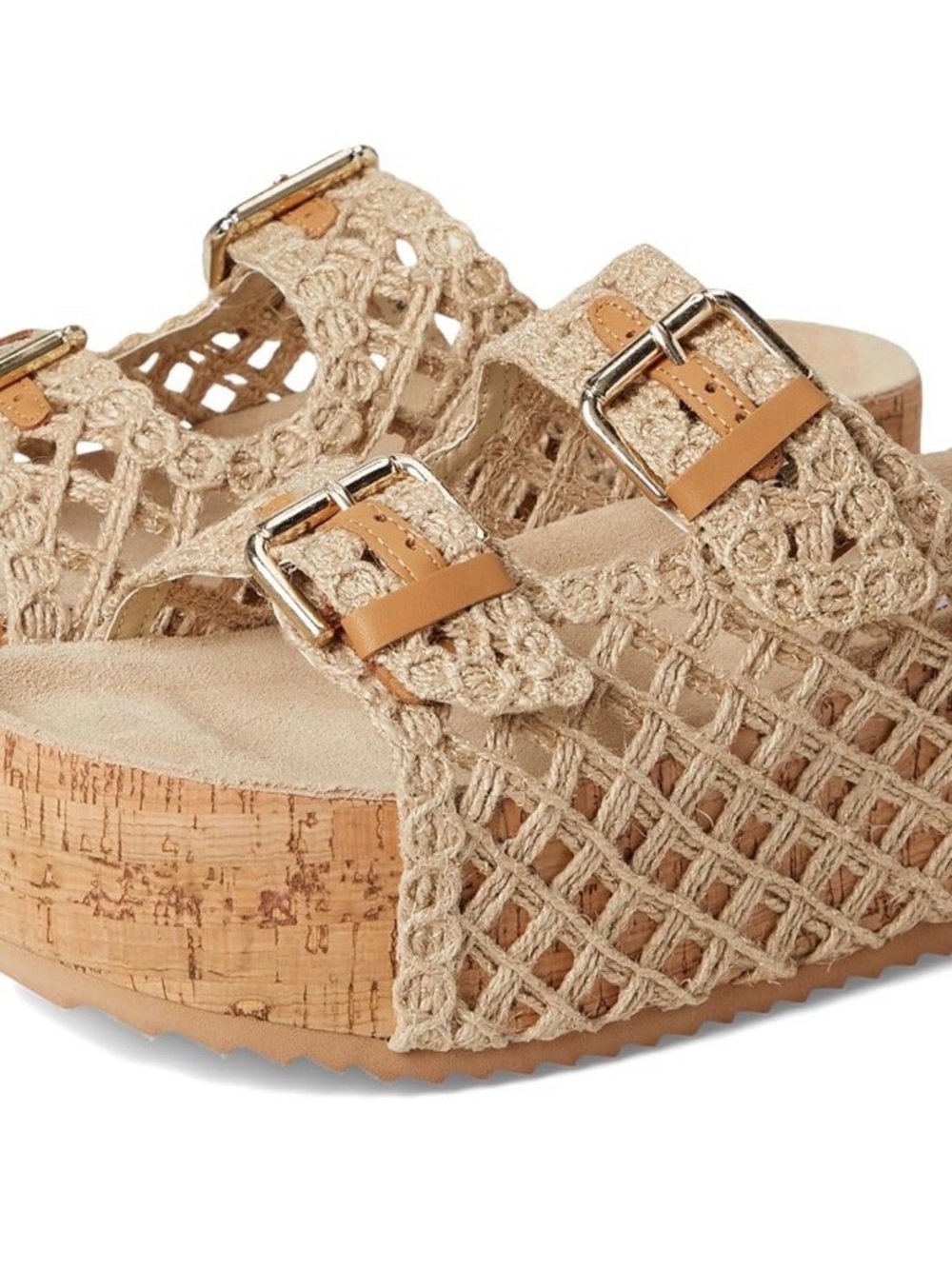 Steve Madden Crochet Double-Buckle Cork Footbed Sandals in Beige - Picture 2 of 5